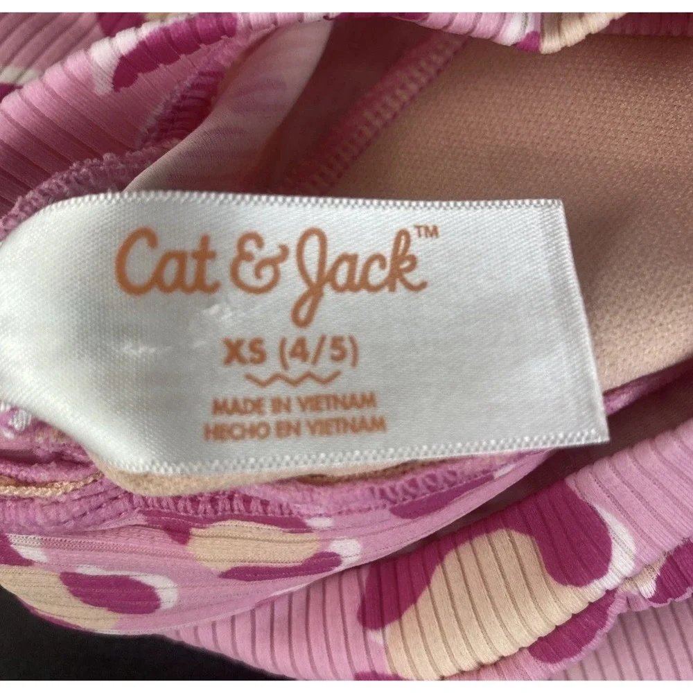 Cat & Jack Rash Guard Girls XS 4/5 Pink Leopard Ribbed Long Sleeve Swim Top‎